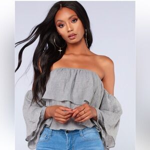 Grey cropped off the shoulder flared sleeved top